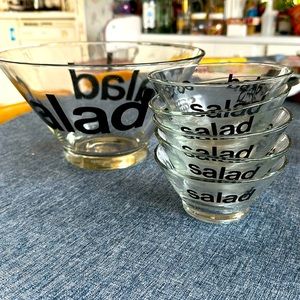 Vintage 70’s Wheaton Glass Salad Bowl Set Lg Bowl + 5 Sml Bowls Black Lettering